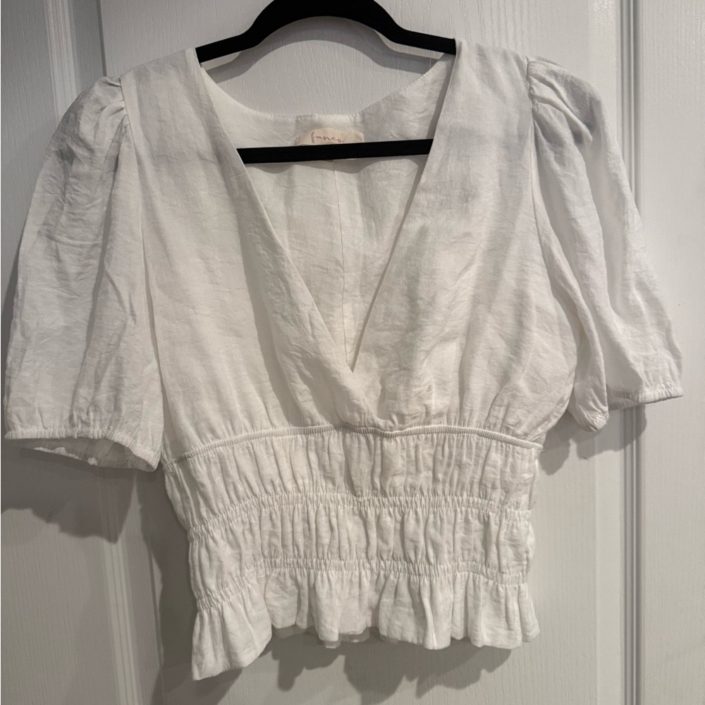 White V-Neck Smocked Women's Top